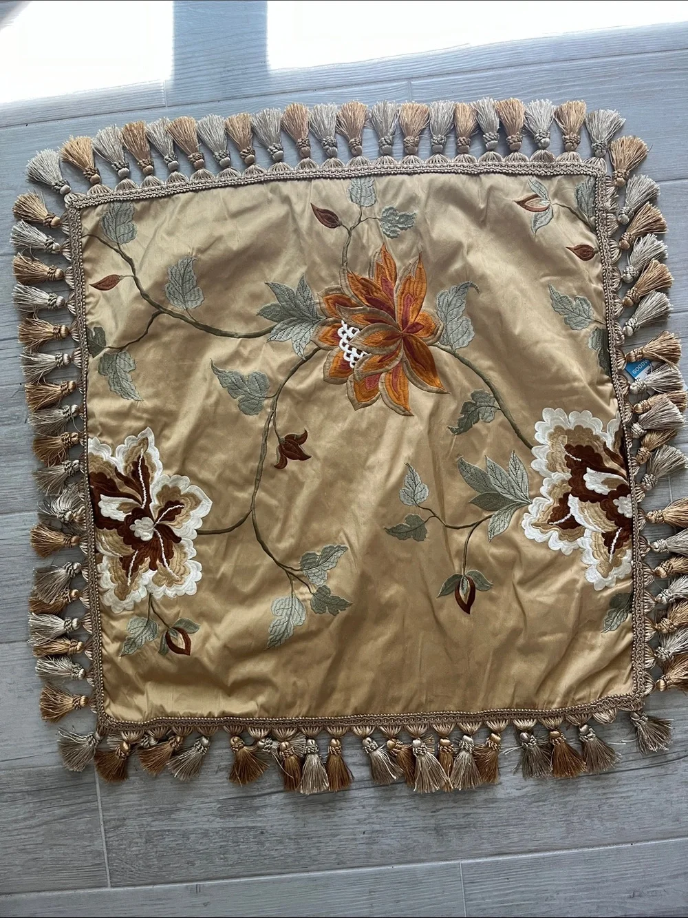 Large handcrafted square floral embroidered oversize pillow sham Thick tassel